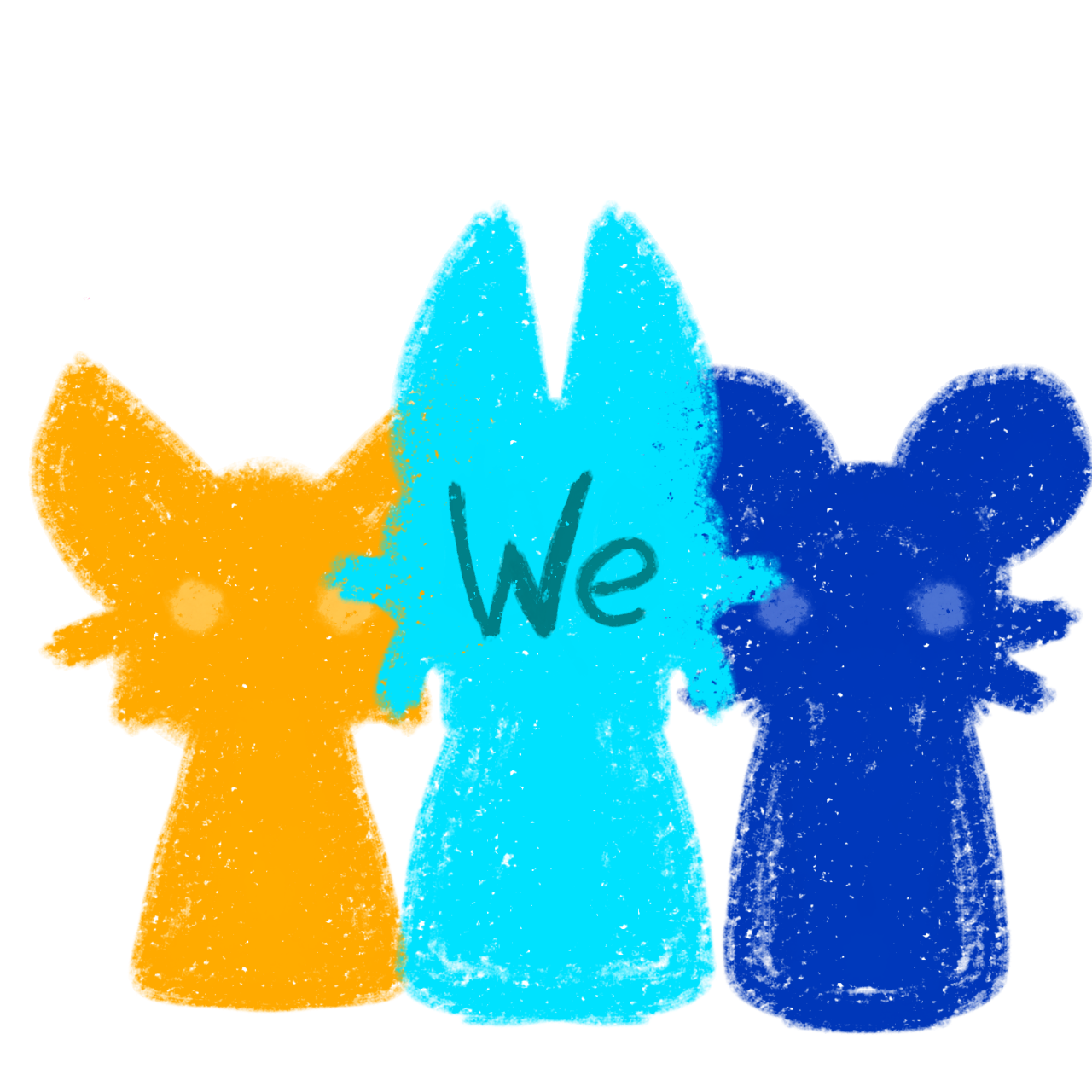 Three figures stand in a row, left to right they are Yellow, Teal and Dark blue, The word 'We' is written on the teals ones face.